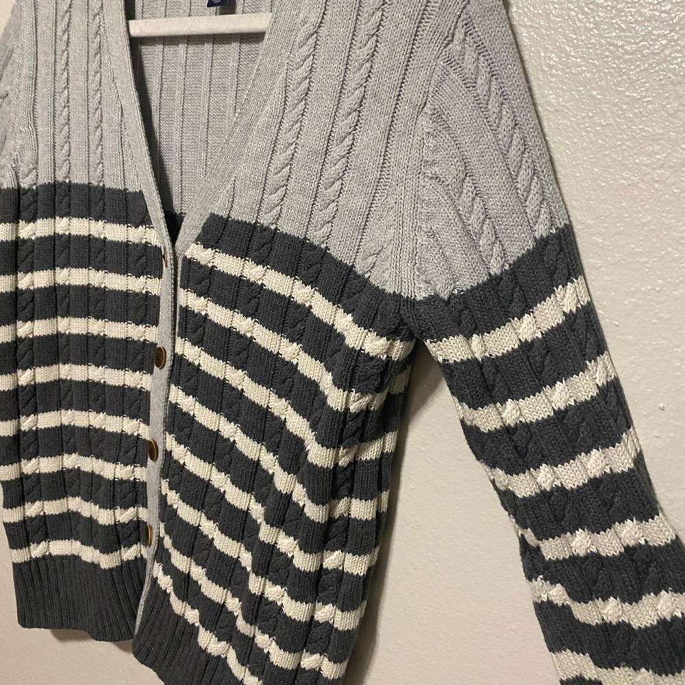 Tommy Hilfiger Gray Striped Cable Knit Cardigan Sweater XL Cotton Preppy - Picture 3 of 4